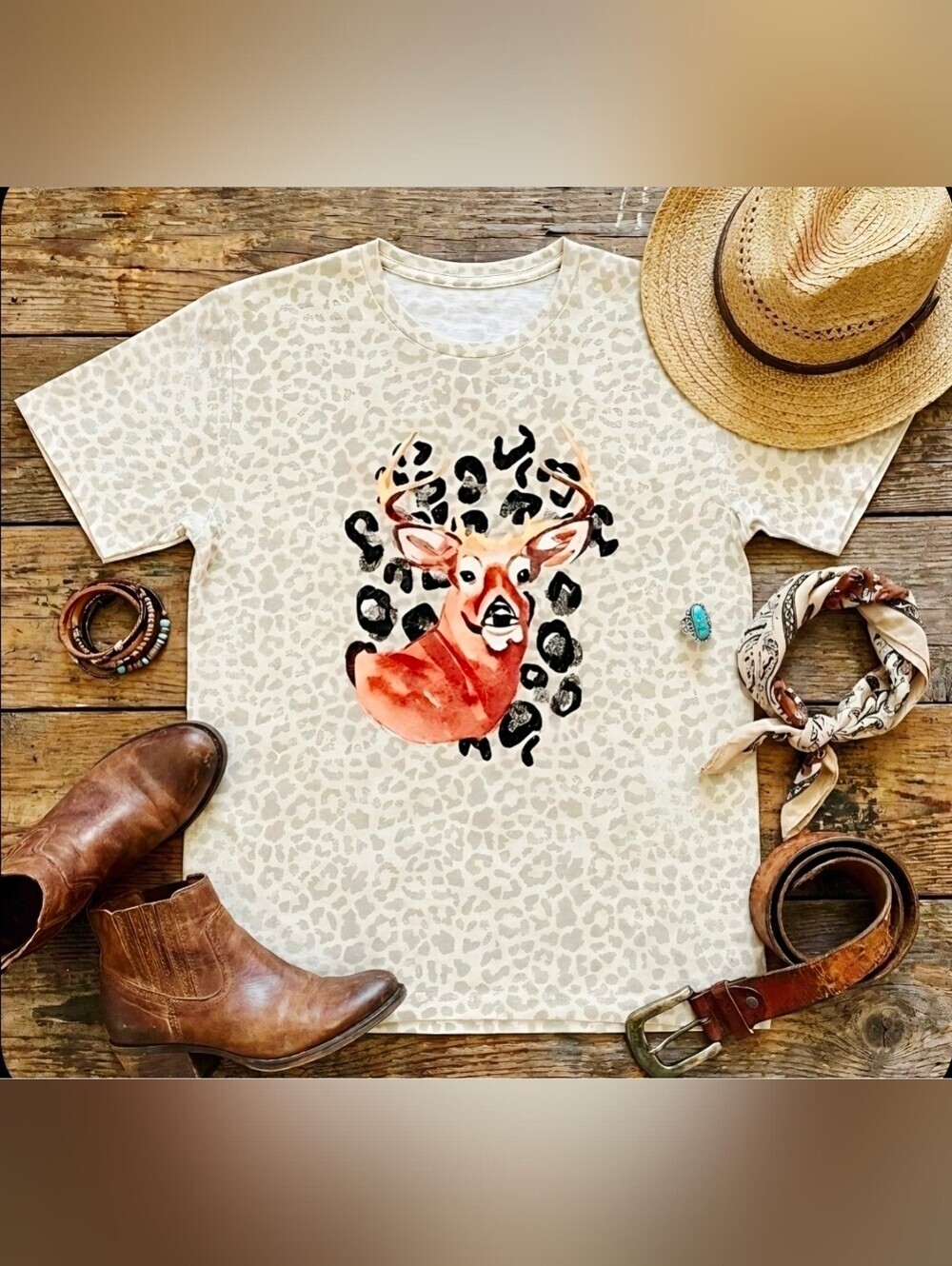Leopard Print Deer Head Tee • Western Wildlife Graphic • Rustic Country Boho Top
